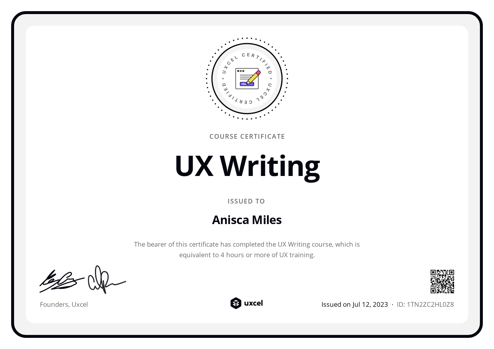 Anisca Miles's certificate